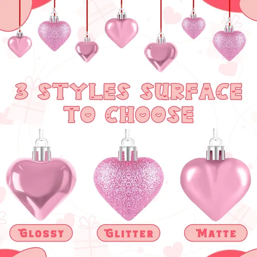 Miniatura 3 de 48 adornos para el día de San Valentín, decoraciones en forma de corazón rosa, 2 tamaños de bolas colgantes, adornos brillantes para boda