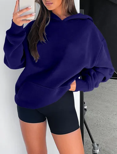 Miniatura 14 de onlypuff Sudadera casual con capucha para mujer, de manga larga, con bolsillo de canguro, hombro caído