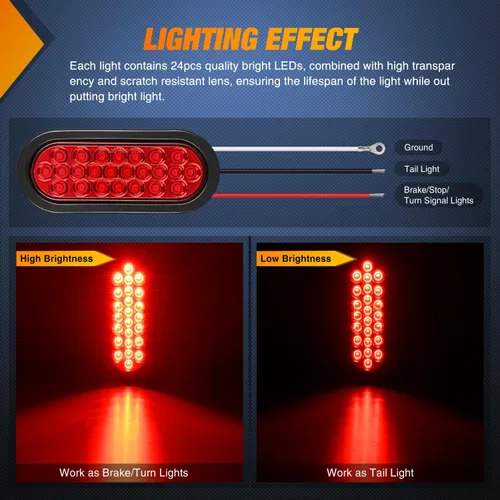 Miniatura 3 de Nilight Luz trasera ovalada de 6 pulgadas, 4 unidades, color rojo, 24 luces LED de parada de freno y giro con ojales de montaje empotrado, 4 luces