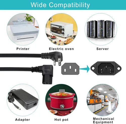 Miniatura 8 de Cable de alimentación de 90 grados, IEC de ángulo recto de 2 pies, fuente de alimentación universal para PC, 16 AWG, NEMA 5-15P negro tipo ángulo a