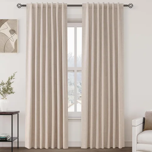 Miniatura 114 de Cortinas de lino 100% opacas para dormitorio, 102 pulgadas de largo, con pestaña trasera, bolsillo para barra, paneles acústicos con aislamiento
