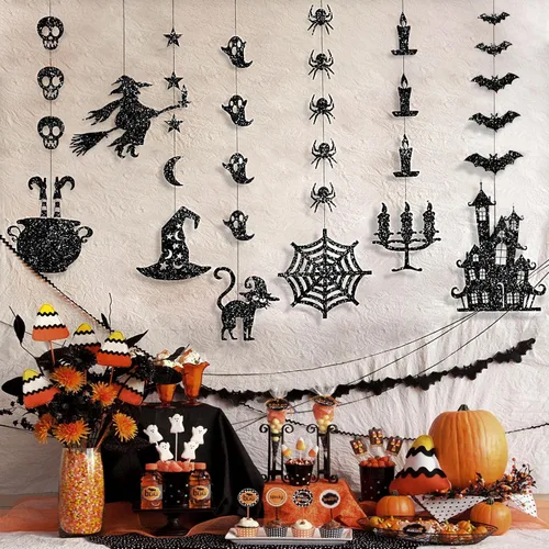 Miniatura 7 de Guirnalda colgante de Halloween negra con purpurina, fantasmas, brujas, murciélagos, arañas, casa encantada, gato y más, suministros de fiesta