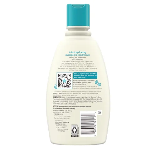 Miniatura 9 de Aveeno Kids Champú y acondicionador hidratante 2 en 1, limpia, acondiciona y desenreda suavemente el cabello de los niños, formulado con extracto