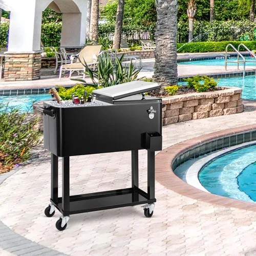 Miniatura 5 de Carrito de hielera rodante de 80 cuartos de galón, carro enfriador para patio, bar de bebidas para fiestas en el patio trasero, con soporte de Negro