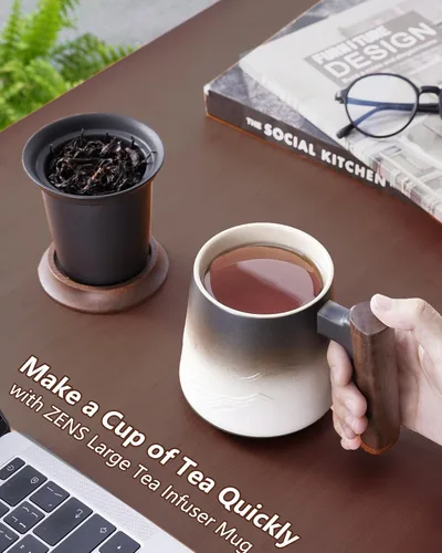 Miniatura 7 de ZENS Taza de té con infusor y tapa para té de hojas sueltas, taza de té de cerámica en relieve de 14.5 onzas con coladores finos y mango de madera