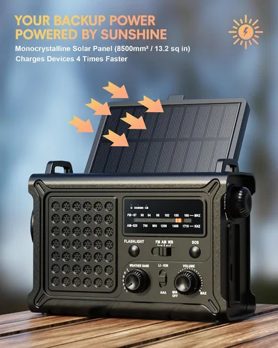 Miniatura 3 de OnLyee Radio de emergencia, radio meteorológica solar NOAA de manivela de 12000 mAh, radio AM/FM/WB con linterna LED de 5 W, luz de lectura, alarma