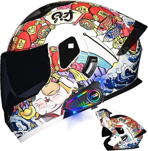 Miniatura 40 de Casco modular Bluetooth para motocicleta, aprobado por DOT, de cara completa, abatible, antivaho, doble visera, casco de motocicleta de calle, LENTE