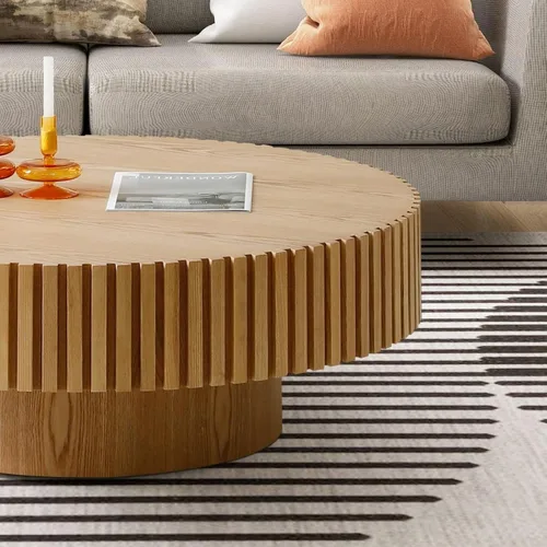 Miniatura 6 de KEVINSPACE Mesa de centro redonda de 35.43 pulgadas para sala de estar, pedestal de madera redonda, mesa de centro para sala, mesa de centro