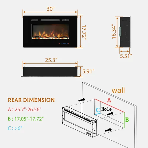 Miniatura 6 de Insertos de chimenea eléctrica de 30 pulgadas, calentador de chimenea empotrado y montado en la pared, chimenea lineal con termostato, control