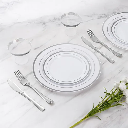 Miniatura 2 de Goodluck 600 Piezas Platos Desechables Plateados para 100 Invitados, Juego de Vajilla de Plástico de 100 Platos de Cena, 100 Platos de Ensalada, 100