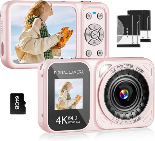 Miniatura 9 de QUOLODOO Cámara digital, cámara de pantalla dual 4K 64MP, zoom de 18X, cámara digital de apuntar y disparar con tarjeta TF de 64 GB y 2