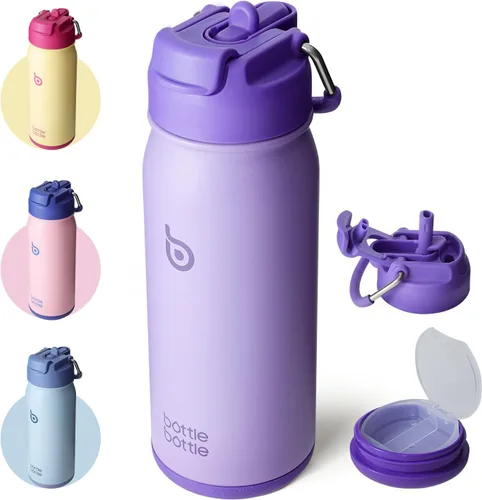 Miniatura 11 de BOTTLE BOTTLE Botella de agua deportiva de 16 onzas de acero inoxidable aislada para niños con pajita y porta pastillas para regalos y la escuela