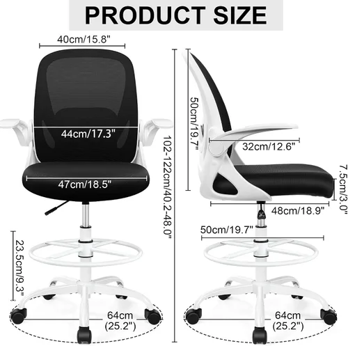 Miniatura 2 de Silla de dibujo alta de oficina con reposabrazos abatibles, altura ajustable y soporte lumbar mejorado, taburete ergonómico rodante, soporte