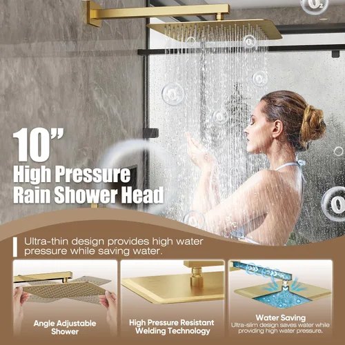 Miniatura 3 de Gabrylly Sistema de ducha dorado, cabezal de ducha de lluvia de acero inoxidable de 10 pulgadas de alta presión con combo de rociador de mano, juego