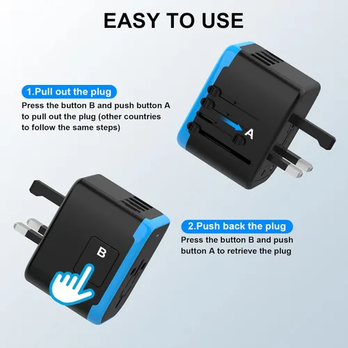 Miniatura 5 de Adaptador de enchufe universal de viaje internacional, adaptador de enchufe de viaje europeo 5 en 1 W/3.5A 2xUSB-A y 2xUSB C cargador de pared