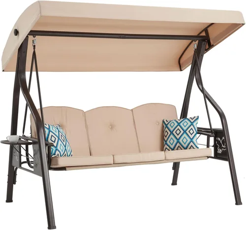 Miniatura 9 de ZZW Columpio de porche al aire libre de 3 asientos con soporte, columpio de patio con toldo, cama de columpio de porche 2 en 1 y silla columpio