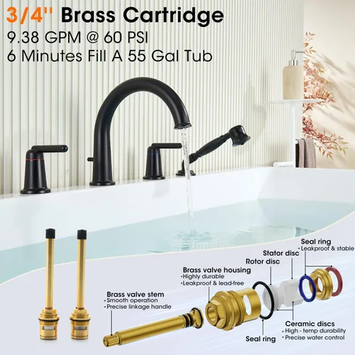 Miniatura 4 de WT-9808BK WT-9808BK - Kit de ajuste para grifo de bañera con ducha de mano y válvula de montaje en cubierta de 4 agujeros de alto flujo clásico