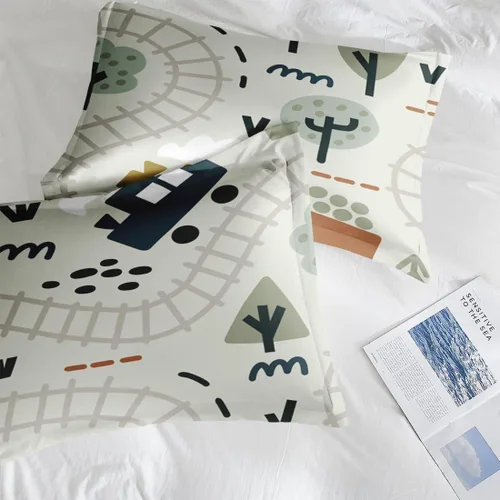 Miniatura 7 de Juego de edredón con funda de almohada tamaño individual, diseño de coche de dibujos animados, tren, mapa de carretera, decoración de cama linda