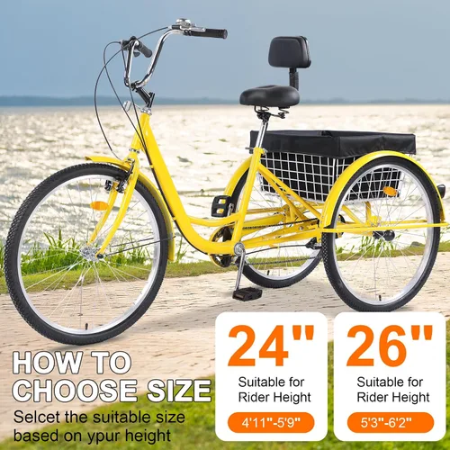 Miniatura 7 de Triciclos para adultos, 7 velocidades, triciclos para adultos de 26 pulgadas, 3 ruedas, bicicleta de crucero con cesta para personas mayores