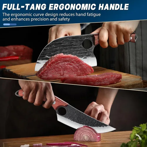 Miniatura 3 de TAN REN Juego de 3 Cuchillos de Carnicero para Cortar Carne, Cuchillos Cuchillas de Carnicero Forjados a Mano con Mango de Madera, Juego de Juego