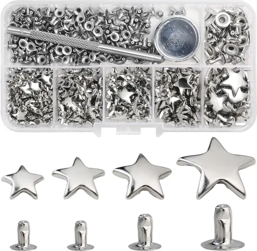 Miniatura 12 de YORANYO Juego de 200 remaches de cuero, tamaños mixtos, tachuelas de estrella para ropa, remaches de bronce con herramienta de manualidades