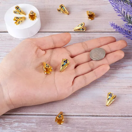 Miniatura 7 de Pandahall - 10 tapas de cuentas de aleación esmaltadas de 4 pétalos, 0.709 x 0.472 in, espaciadores florales dorados, cuentas de cono sueltas