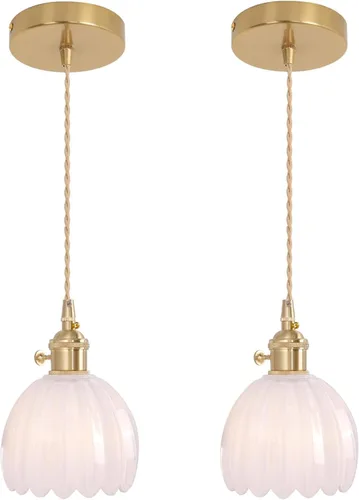 Miniatura 30 de Shenmoyl Lámpara colgante con pantalla de vidrio transparente a rayas, luz colgante vintage de latón, luz colgante ajustable para cocina, isla