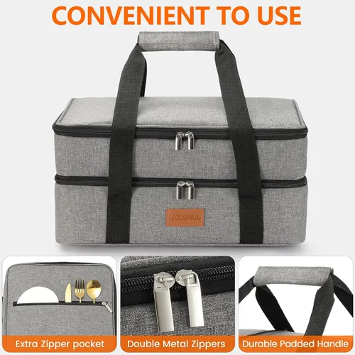 Miniatura 4 de Uoxfill Bolsa de almuerzo aislada térmica para alimentos aislados de dos pisos para alimentos calientes o fríos, bolsa de mano aislada para comidas