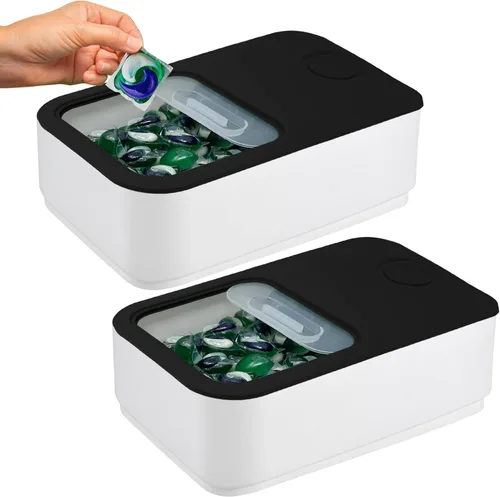 Miniatura 9 de Skywin Recipiente grande para cápsulas de lavandería con tapa deslizante, paquete de 2 soportes para cápsulas de lavandería de 15 x 8.7 x 4.5 Gris