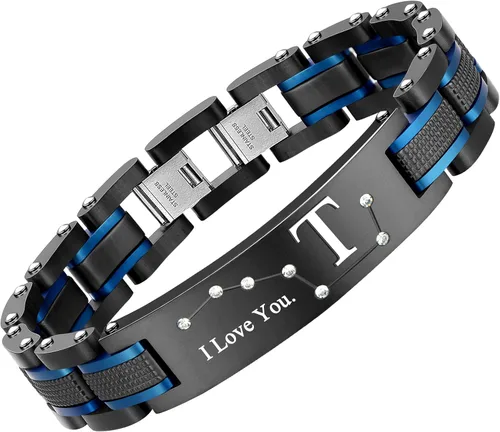 Miniatura 30 de Pulsera de dos tonos de acero inoxidable para hombre, chapado en iones negro y azul, regalo para hombres, marido, padre