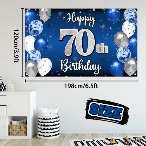 Miniatura 290 de Decoración de feliz cumpleaños 35, globo azul y plateado de 35 años, cartel grande de telón de fondo de cumpleaños, suministros para fiesta de 35th
