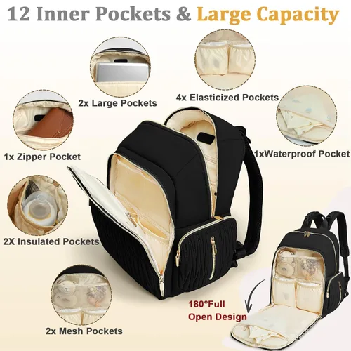 Miniatura 3 de miss fong Mochila para pañales – Bolsa de pañales para bebé con cambiador de pañales, mochila acolchada para pañales de viaje con 16 bolsillos Negro
