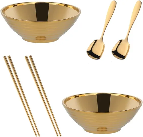 Juego de tazones de sopa de fideos japoneses para ramen, 2 juegos (7.09 pulgadas) dorado de doble capa de acero inoxidable 18/8 con palillos y Oro