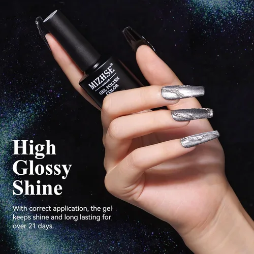 Miniatura 4 de MIZHSE Esmalte de uñas en gel 9D de ojo de gato, esmalte en gel magnético plateado con barra magnética, efecto galaxia mágico con destellos y brillo