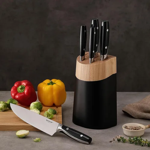 Miniatura 8 de Juego de 6 piezas de bloques de cuchillos, juego de cuchillos de cocina de acero inoxidable con bloque – Cuchillos negros de alto carbono, apto