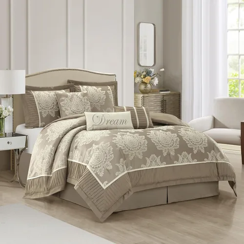 Miniatura 2 de Grand Avenue - Juego de edredón beige tamaño Queen, jacquard con juego de ropa de cama a juego de piezas sólidas, para todas las estaciones, faldón