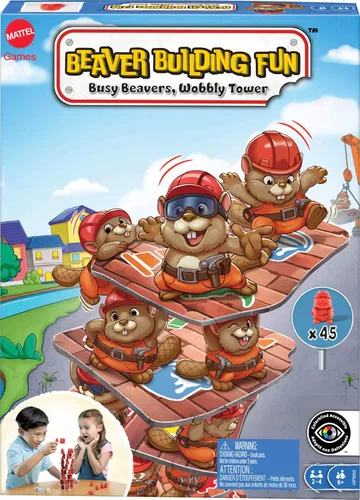 Mattel Games Juego divertido de construcción de castor para noches familiares, noches de juego, viajes y campamento para 2-4 jugadores de 6 años en