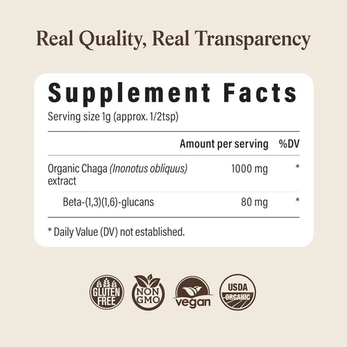 Miniatura 8 de Real Mushrooms Polvo de hongos Chaga – Extracto orgánico de Chaga de cuerpo fructífero – para bienestar y apoyo energético – Vegano, sin OMG, 150