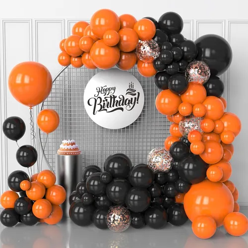 Kit de arco de globos naranjas y negros, 130 globos de confeti de oro rosa para decoración de Pascua, cumpleaños, Halloween, fiesta de cumpleaños