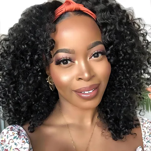 Miniatura 12 de ISEE Hair Peluca de cabello humano afro rizado crespo con diadema, densidad del 180%, pelucas afro para mujeres negras, rizos naturales, pelucas