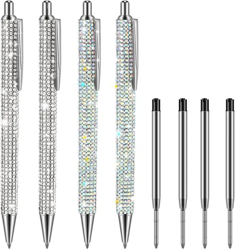 Miniatura 10 de Ireer 4 bolígrafos brillantes de diamantes de imitación para mujer, bolígrafo de tinta de metal con purpurina de cristal con 4 recambios de 0.039