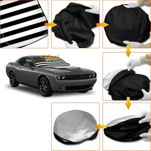 Miniatura 6 de D-Lumina Parasol para parabrisas con bandera de EE. UU. para Dodge Challenger 2015-2023, protector de sol frontal plegable, bloquea los rayos UV