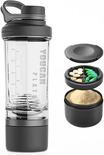 Botella agitadora de proteínas de 21 onzas con contenedor de almacenamiento de polvo, tazas agitadoras para batidos de proteínas, botella para antes