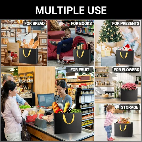 Miniatura 4 de EUSOAR Bolsas de compras pequeñas negras con asas doradas, paquete de 20 bolsas de regalo de 10.6 x 3.1 x 8.3 pulgadas con asas a granel, bolsas