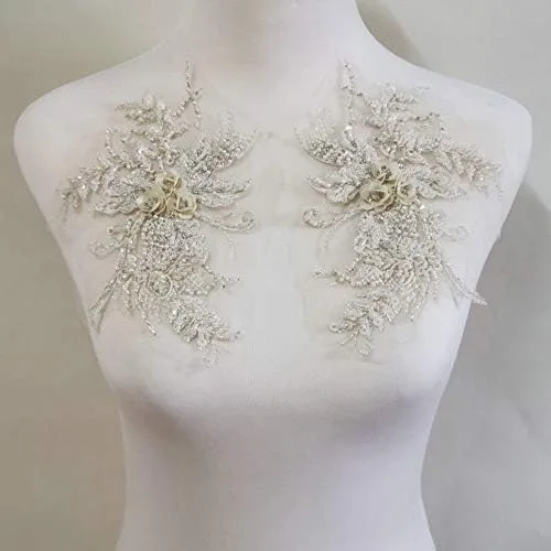 1 par de calcomanías de tela de encaje multicolor con cuentas estéreo/vestido de novia/vestido con pegatinas de flores de encaje estéreo, accesorios