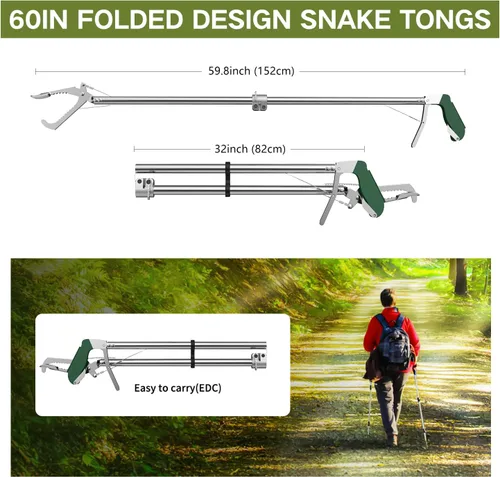 Miniatura 3 de Pinzas de serpiente de 60 pulgadas, agarrador plegable profesional de reptiles, herramienta de manejo de mandíbula ancha, gancho de serpiente