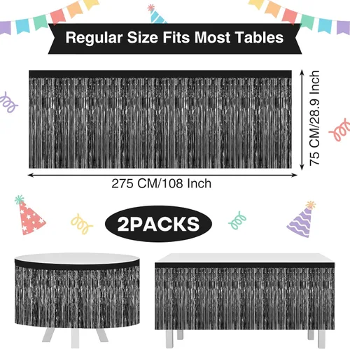 Miniatura 2 de Morcheiong Paquete de 2 Faldas de Mesa de Flecos de Oropel de Papel de Aluminio Negro de 29.5x108 Pulgadas Faldas de Mesa Desechables Banner