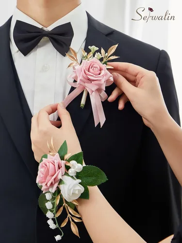 Miniatura 3 de Serwalin Conjunto de Corsage y Boutonniere Rosa, Corsage y Boutonniere de Graduación, Conjunto de Flores de Boda, Accesorios de Homecoming
