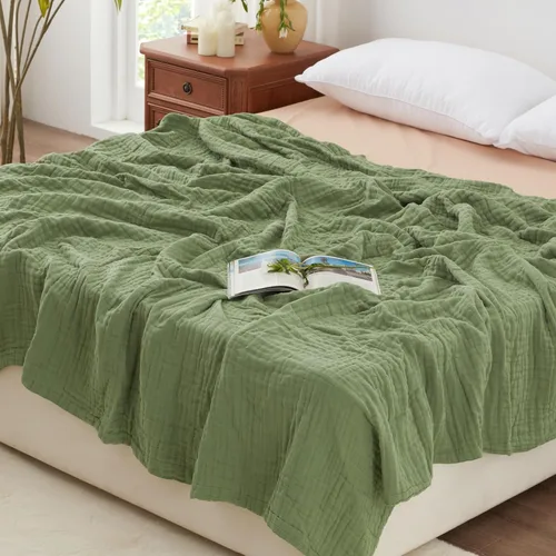 Miniatura 9 de Love's cabin - Manta de muselina de 6 capas 100% algodón, 90"x90", manta de muselina tamaño queen para sofá o cama, de algodón de gasa ligera y Beige