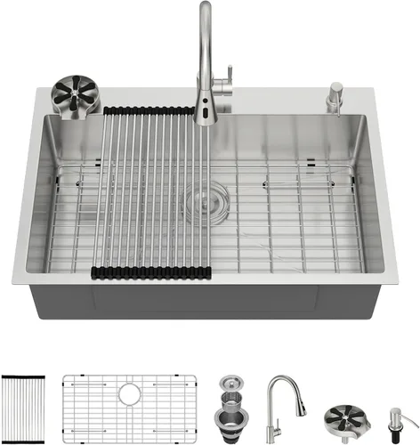 Miniatura 30 de Fregadero de cocina de 25 pulgadas, fregadero de un solo cuenco, color negro mate, calibre 18, 25 x 22 pulgadas, acero inoxidable, montaje superior